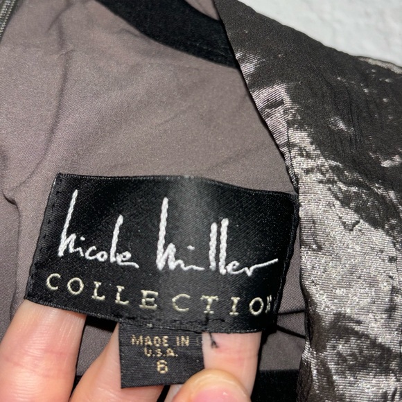 Nicole Miller size 6 shiny dark grey runched midi dress - Picture 9 of 9